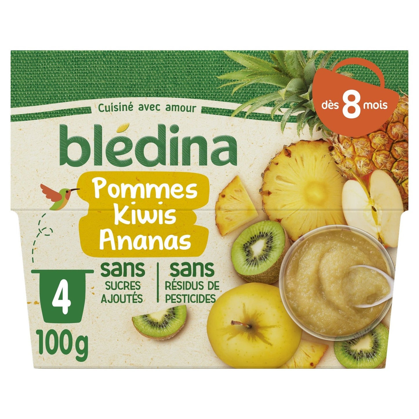 BLEDINA Purée de fruits bébé dès 8 mois pomme kiwis ananas 4 pots 400g