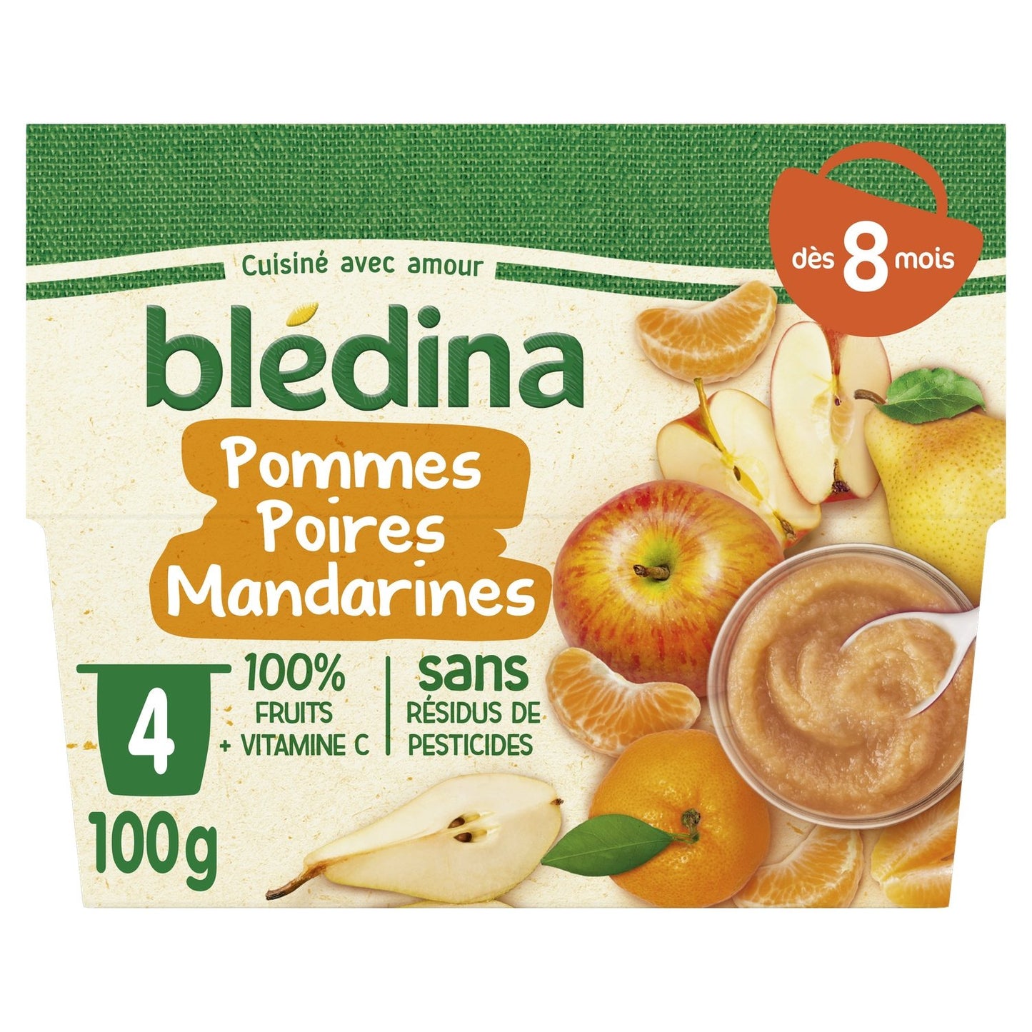 BLEDINA Purée de fruits bébé dès 8 mois pomme poire mandarine 4 pots 400g