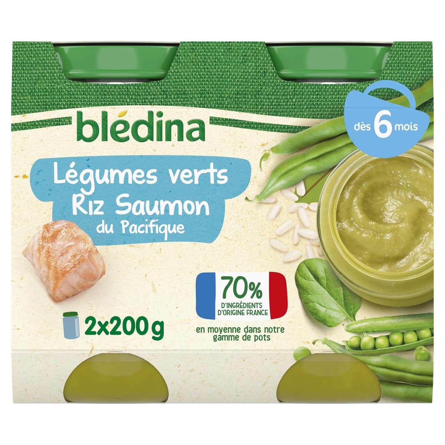 BLEDINA Plat bébé dès 6 mois Légumes Verts Riz Saumon 400g