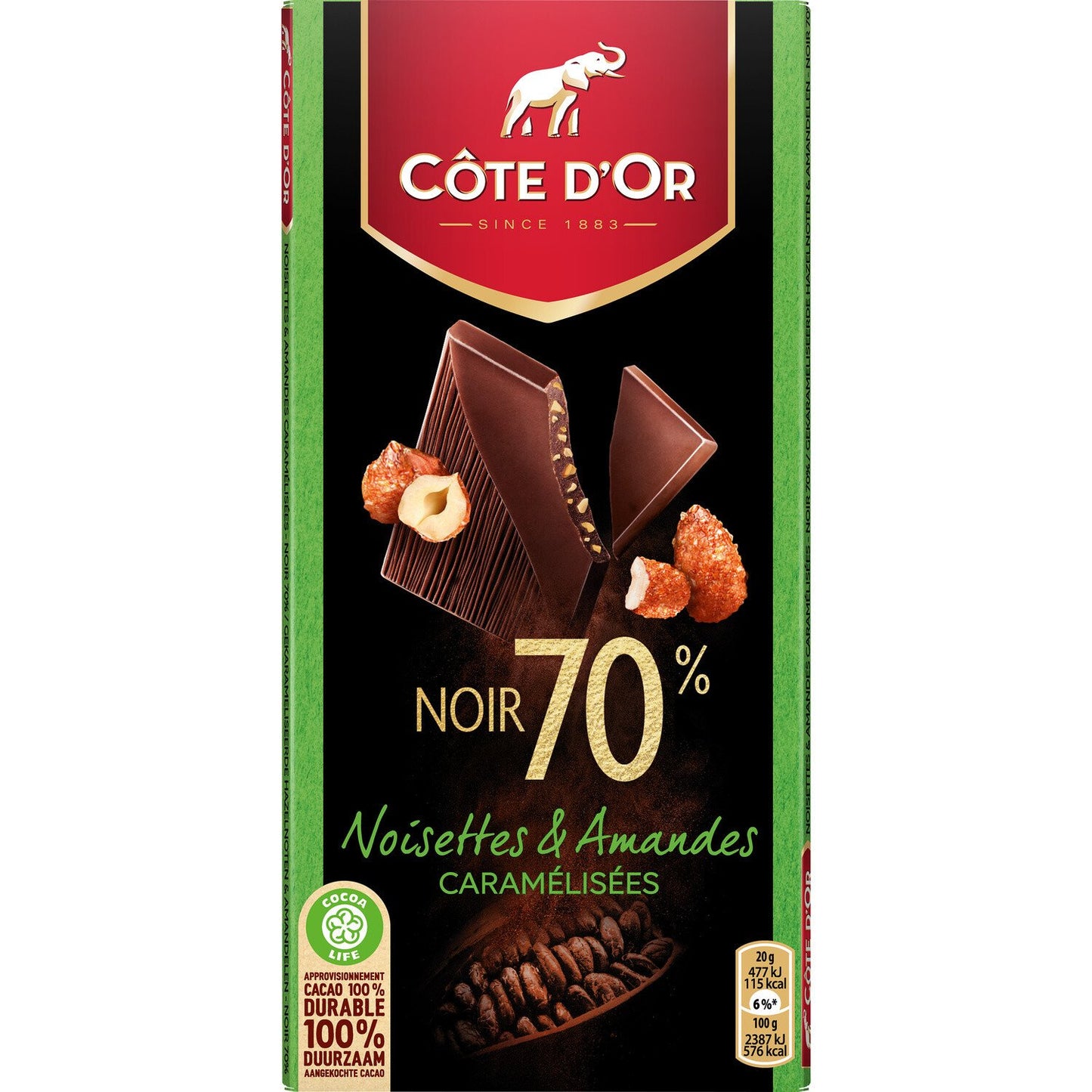 Tablette de chocolat noir 70% noisettes et amandes caramélisées 100g