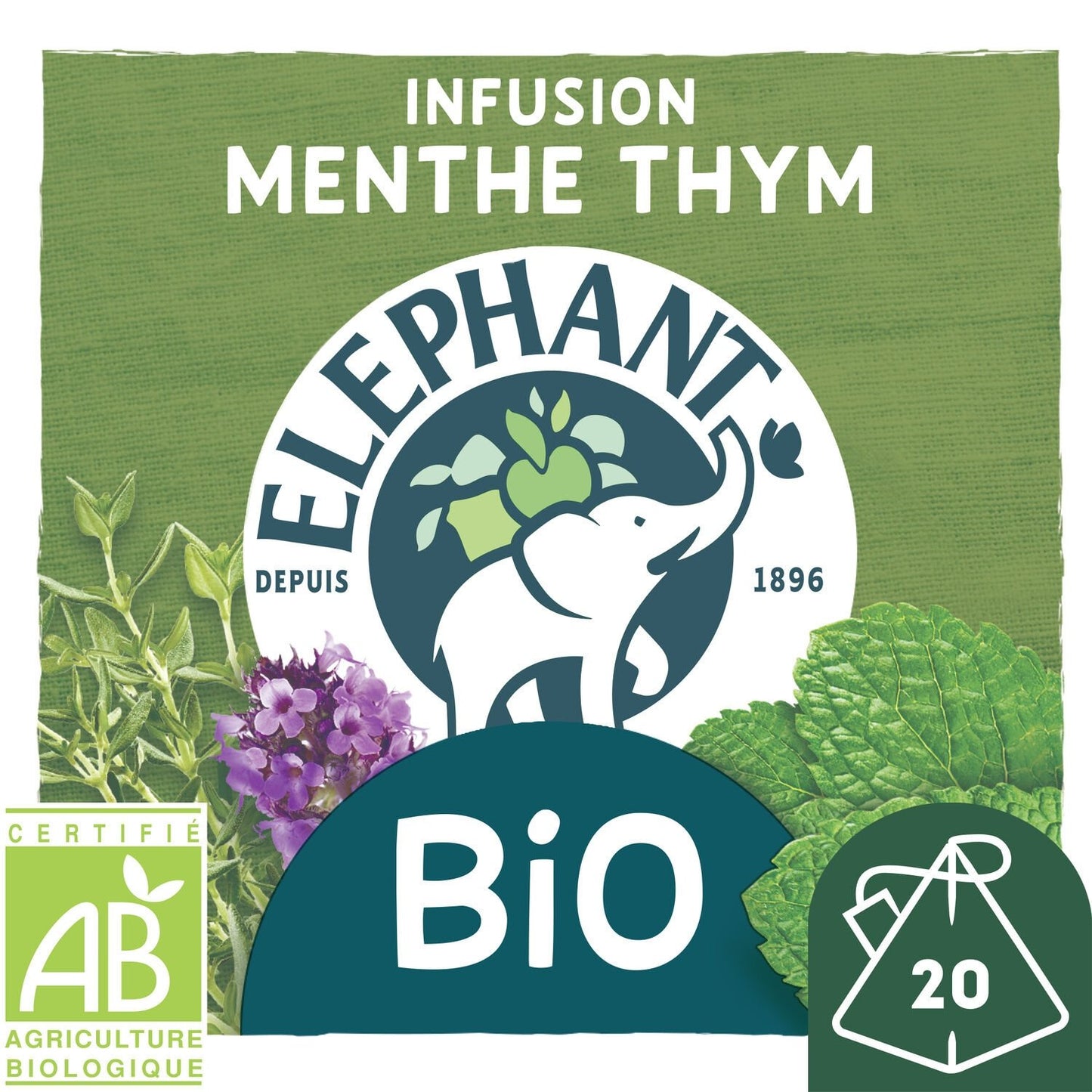 ELEPHANT Infusion menthe thym, bio 20 sachets 26g